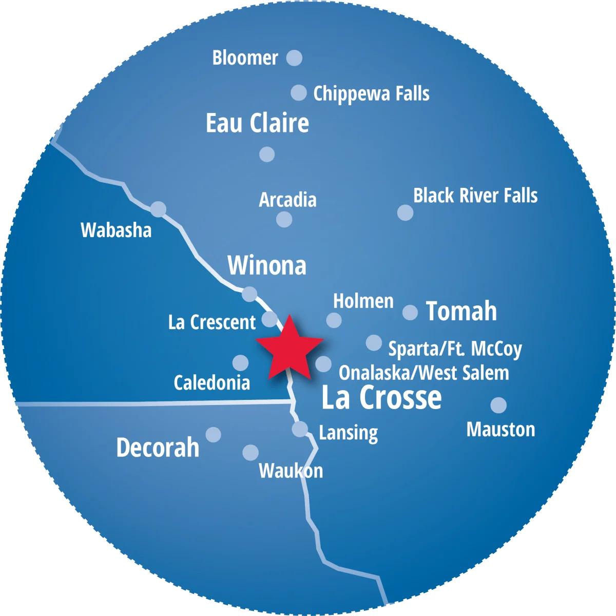 Detail of the service area around La Crosse, naming the cities and towns it covers.