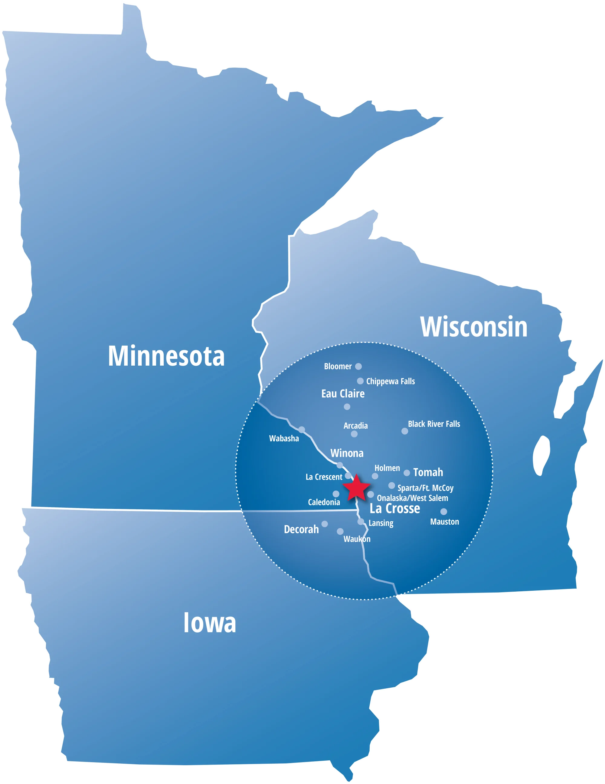 Map of the Freedom Honor Flight service area, covering counties in western Wisconsin, southeast Minnesota and northeast Iowa, centered on La Crosse.